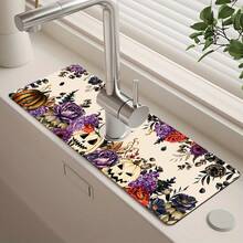 1pc Halloween Faucet Mat, Create Holiday Atmosphere, Bathroom Faucet Splash Guard, Waterproof Non-Slip Faucet Mat, Kitchen Countertop Accessory, Kitchen Dining Table Accessory, Sink, Moisture-Proof Absorbent Mat, Absorbent Drainage Mat, Pumpkin Pattern, Multi-Functional Absorbent Non-Slip Mat - Multicolor - View 4