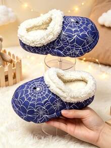 Boy's And Girl's Children's Spider-Web Pattern Fleece Slip-On Slip-On Shoes With Holes. Children's Warm Home Shoes, Suitable For Daily Use At Home. - Blue - View 9