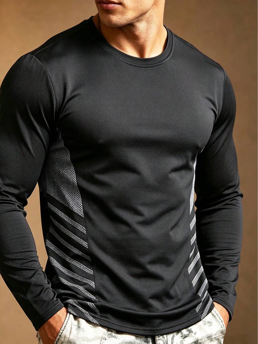 Men's Outdoor Long Sleeve Top, Side Stripe Patchwork, Regular Fit, Suitable For Outdoor Camping And Leisure Activities - Black - View 1