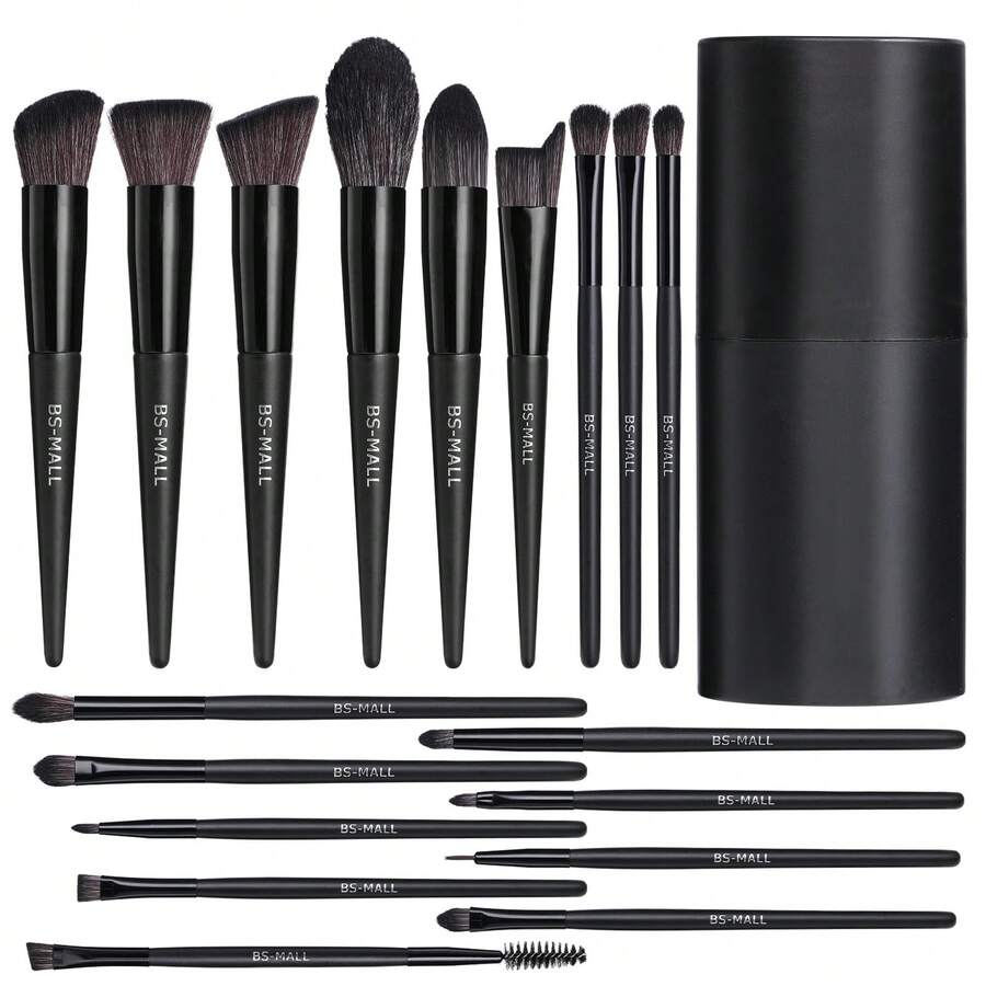 BS-MALL 18pcs Black Premium Synthetic Fiber Makeup Brush Set, Includes Foundation Brush, Contour Brush, Blush Brush, Eyeshadow Brush, With Storage Box - Black - View 1