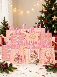 2Pcs-Pink Christmas Non-Woven Gift Bags-Christmas Party Gift Bags With Handles, Featuring Designs Of Santa Claus, Snowmen, Reindeer, And Gingerbread Houses, With A "Ho Ho Ho" Tag; Perfect For Birthdays, Holiday Decorations, And Candy Bags - Multiple Styles - View 6