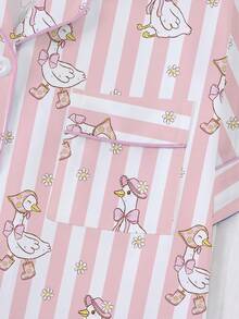 2pcs/Set Women's Pajama Set, Swan Print, Women's Loungewear, Spring/Summer Holiday Outfit, Short Sleeve Top And Shorts Set - Pink - View 5