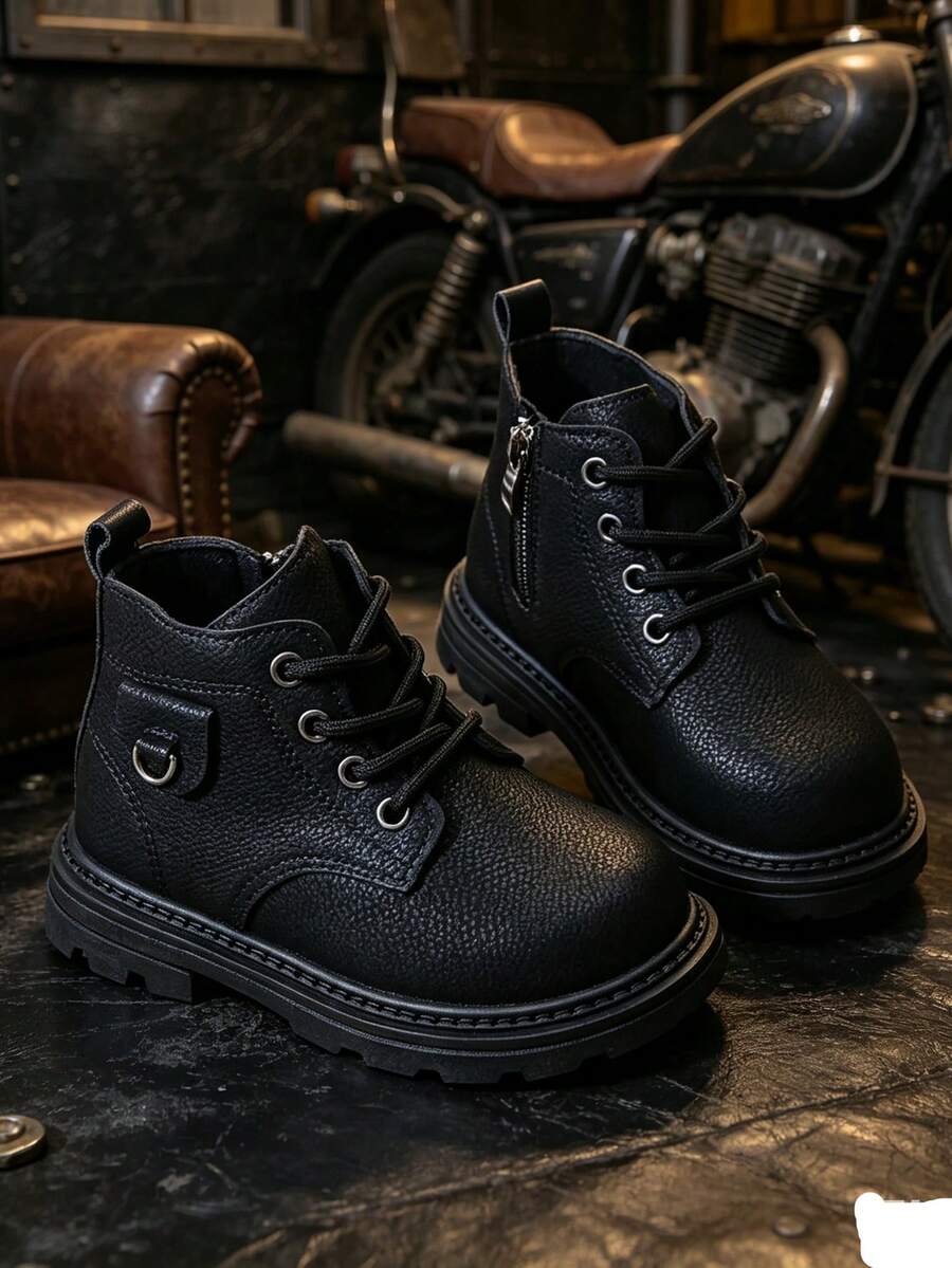 1 Pair Boys Boots Solid Color Soft PU Fabric Front Lace-Up Side Zipper Design Round Toe Soft Sole Fashion Warm Cute Girls Boots Suitable For Boys And Girls Daily School Outdoor Wear Autumn/Winter New - Black - View 1