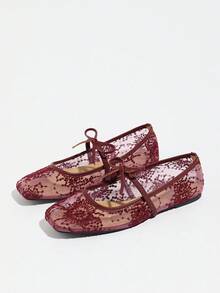Women's Burgundy Flat Ballet Shoes With Bow Decor, Embroidered Mesh Hollow Out Breathable Square Toe Sequin Comfortable Mary Jane Sandals For Summer - Burgundy - View 10