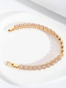 1pc Luxury Elegant Sparkling Cubic Zirconia Inlaid Rectangular Design Bracelet, Suitable For Women's Wedding And Banquet Wear, Gift Box Not Included - Yellow Gold - View 5
