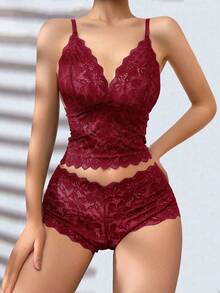 Women Floral Lace Camisole Bra Set - Burgundy - View 4