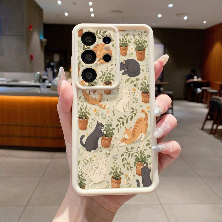 1pc Fashion Pure Android TPU Material Potted Cat Element Pattern Lens Protection Thickened Anti-Drop Anti-Fingerprint Beige Diamond Sand Phone Case Compatible With Samsung/Transsion/HONOR/ - Beige - View 1