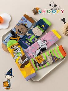 1/5/10雙 Snoopy 女款中筒襪，正版小狗與蝙蝠圖案，趣味卡通風格，萬聖節設計 - 彩色 - 查看 1