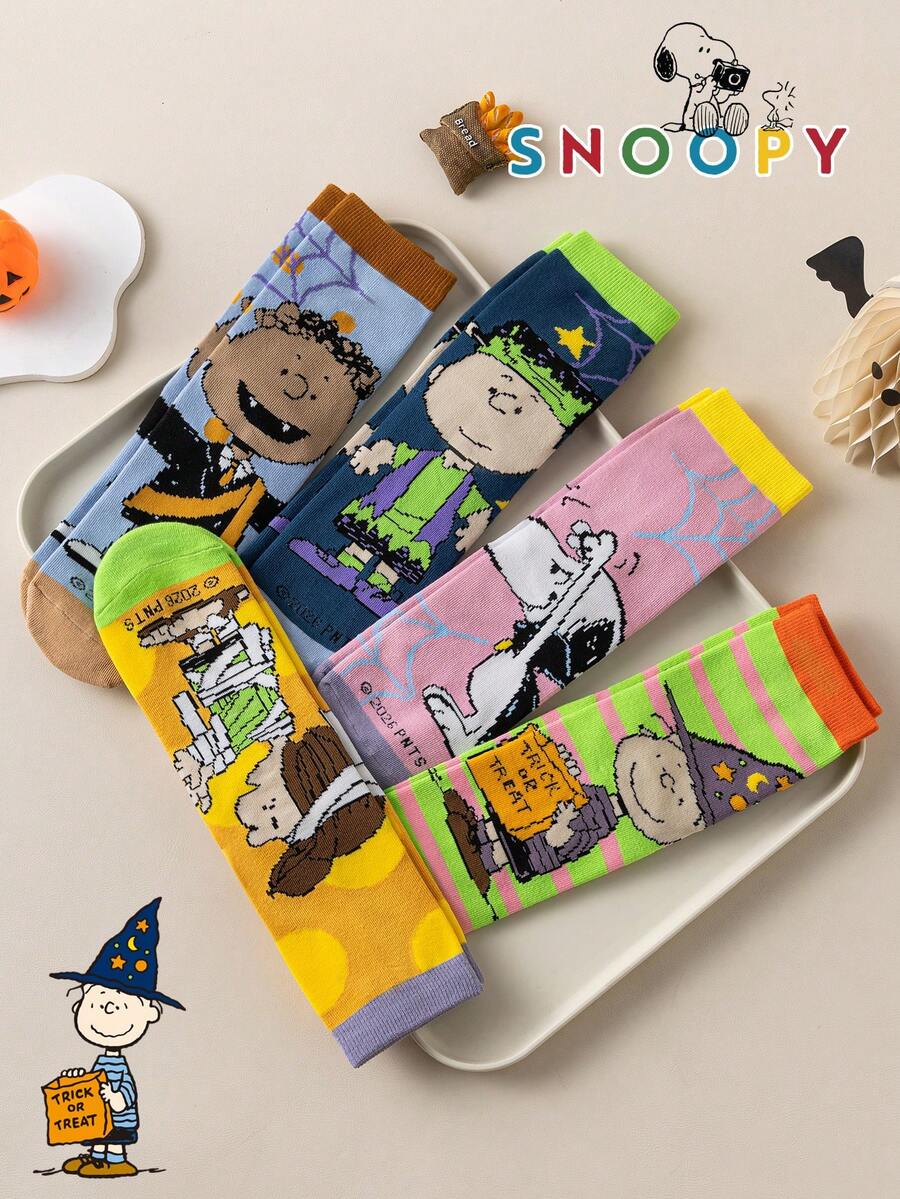 1/5/10雙 Snoopy 女款中筒襪,正版小狗與蝙蝠圖案,趣味卡通風格,萬聖節設計 - 彩色 - 查看 1