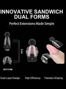 140 Sets Sandwich Style Double Layer Nail Extension Molds, Inner Arc Short Square Crystal Rhinestone Nail Tips, Double Layer Nail Molds, Acrylic UV Gel Nail Art Tools - Clear - View 3