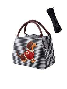 Cute Dachshund Striped Lunch Bag With Utensil Storage, 2D Flat Pattern, Portable Insulated Lunch Bag, Handheld Lunch Bag, Multi-Functional Thermal Bag, Office Lunch Bag, Suitable For School, Picnic, Commute, Reusable, Waterproof Lunch Box, Back To School Essential, Unique Party Gift, Back To School Gift, New Job Gift, Birthday Gift - Multicolor - View 14