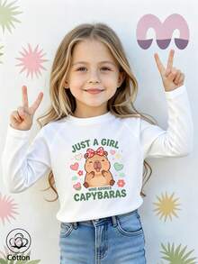 Girls Cotton Raglan Long Sleeve Tee For Fall Winter, Cute Cartoon Capybara With Red Polka Dot Bow And Colorful Hearts Flowers Print, Sweet Preppy - White - View 2