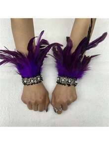 2pcs Peacock Blue Feather Wrist Cuffs With Faux Pearl Decor, Suitable For Halloween Party Cosplay Women's Costume Accessory - Multicolor - View 14