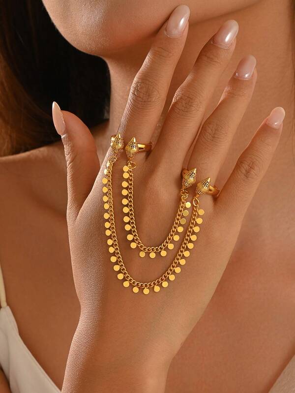 1pc Arabic Vintage Wedding Geometric Hollow Cone-Shaped Shiny Disc Tassel Finger Ring, Women's Party Evening Gala Festival Celebration Accessory