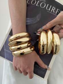 4pcs Unique Wide Cuff Bracelet Set, Gold Wide Thick Bangle Set, Luxury Elegant Style, Gift For Her - Yellow Gold - View 1