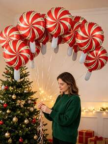 10pcs 10-Inch Christmas Windmill Round Balloons, Christmas Party Decoration Balloons, Holiday Photo Props, Indoor Room Decor, Christmas Decoration Balloons - Red - View 2
