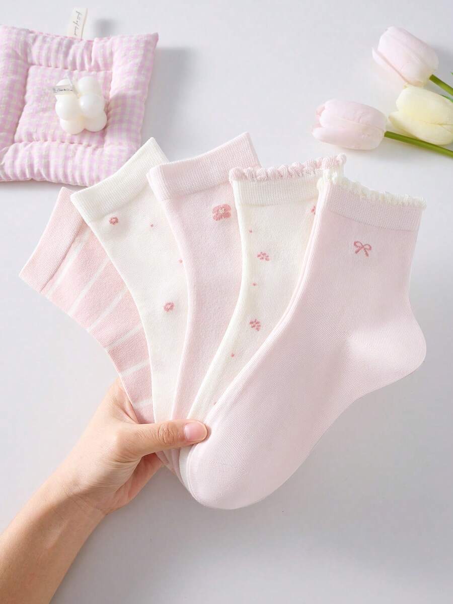 5雙女款愛心與花卉中筒襪，白色與粉色甜美荷葉邊飾襪，學生襪，禮物，適合日常穿著 - 彩色 - 查看 1