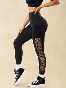 Women's High Waist Tummy Control Athletic Leggings, Side Geometric Mesh Patchwork, Back Reflective Dot Decor, High Elasticity Butt Lifting Yoga Leggings - Black - View 5