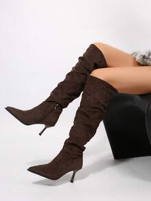 FVPFVP Women's Patent Leather Square Toe High Shaft Tall Boots, Slimming Knight Boots With Chunky High Heel, Autumn/Winter - Coffee Brown - View 3