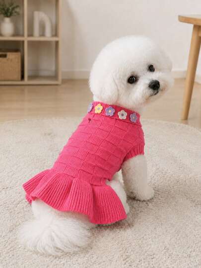 1pc Cute Plaid Knit Dog Sweater With Flower Decor, Soft & Warm Winter Pet Clothing, Fashionable Winter Outfit For Small And Medium Dogs, Maltese, Yorkshire Terrier, Pomeranian, Jack Russell Terrier