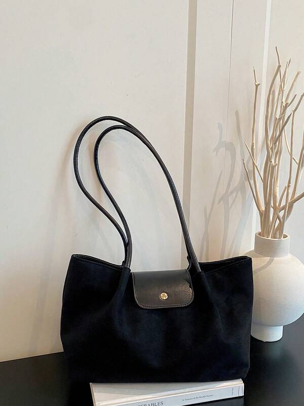 1pc Black Faux Suede Flap Closure Fashion Versatile Casual Minimalist Chic Solid Color Summer New Niche Shoulder Women's Handbag Suitable For Women's Daily Use