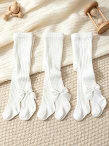3/1pc Women Baby Bowknot Tights, Spring/Autumn Ribbed Vertical Stripe Leggings, Newborn Infant Princess Style Versatile Elastic Tights - White - View 4