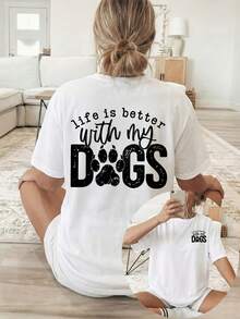 Women's T-Shirt With Silk-Sided Print On The Front And Back, Short Sleeves And Round Neckline, Casual Top With Black Lettering "Life" - White - View 1