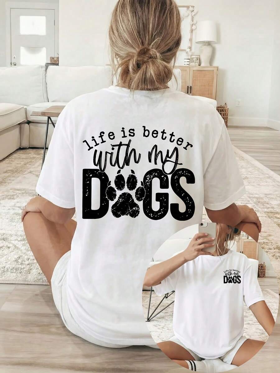 Women's T-Shirt With Silk-Sided Print On The Front And Back, Short Sleeves And Round Neckline, Casual Top With Black Lettering "Life" - White - View 1