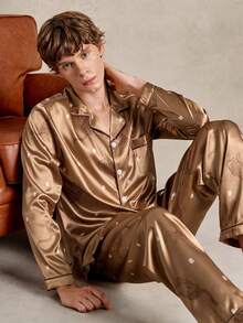 EverLounge Men's And Women's Satin Printed Pajama & Loungewear Sets – Elegant, Premium "Old Money" Style For Couples - brown - View 8