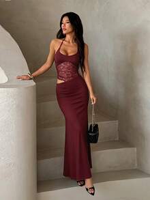 Gaun Wanita Polos Warna Kontras dengan Detail Renda dan Potongan Samping di Pinggang, Model Halter Neck Seksi dan Elegan, Cocok untuk Acara Pesta Ulang Tahun - Burgundy - View 2