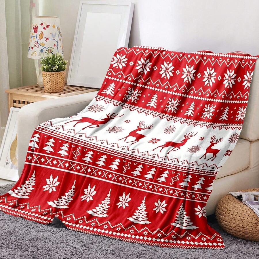 Christmas Throw Blankets,Flannel Christmas Blanket Holiday Warm Soft Plush Blankets Red And White Reindeer Snowflake Xmas Tree For Winter Couch Bed Decoration - Multicolor - View 1