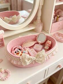 1pc Pink Pearl Bow Storage Basket - Lace Trim And Pearl Bow Baby Supplies Storage Box, Suitable For Girls Room Decor And Baby Daily Items Storage - Multicolor - View 4