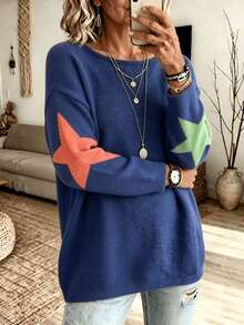 Plus Size Women Star Pattern Knit Sweater, Fall Winter Boat Neck Long Sleeve Color Block Loose Casual Pullover Top - Navy Blue - View 5
