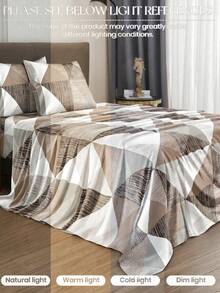 4-Piece Brown & Gray Triangle Patchwork Pattern Bedding Set, Easy Care Soft Bedding Set (1 Flat Sheet + 1 Fitted Sheet + 2 Pillowcases), Fitted Sheet Suitable For King, Queen, Full And Twin Size Beds, Pillowcase Depth 11.8 Inches, Soft Breathable Wrinkle-Resistant - Brown - View 6