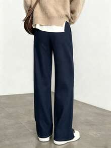 Women's Herringbone Banana Pants, Long Straight-Leg Trousers With Pockets And Slit Design, Suitable For Autumn/Winter Wear, Daily Commute Outfit - Royal Blue - View 7