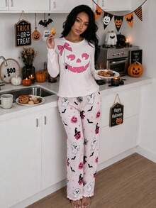 Sweet Style Halloween Theme Long Sleeve Pajama Set For Women, Round Neck Bow Pumpkin Smile Print Short Top, Wavy Ruffle Cuffs And Hem, Long Pants With All-Over Ghost Bat Spider Web Pattern, Skin-Friendly Elastic Fabric, Home And Holiday Wear 2-Piece Set - Pink - View 2
