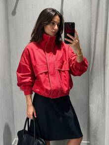 Women's Pure Red Drop Shoulder Baseball Jacket, Casual Loose Street Style Top, Suitable For Spring And Autumn - Red - View 8