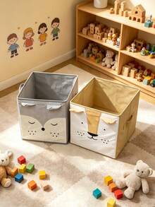 Cute Embroidered Animal Face Kids Storage Box, Foldable Fabric Grid Cabinet Organizer, Baby Toy Storage Basket - Multicolor - View 1