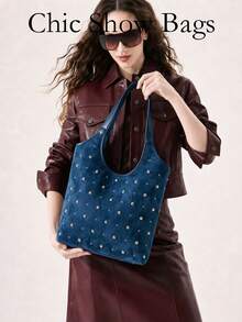 Women Shoulder Tote Bag,Plain Soft Suede Fabric,All‑Over Metal Stud Decoration & Wide Straps,Large Capacity,Retro Style For Work Shopping Daily Outing - Multicolor - View 1