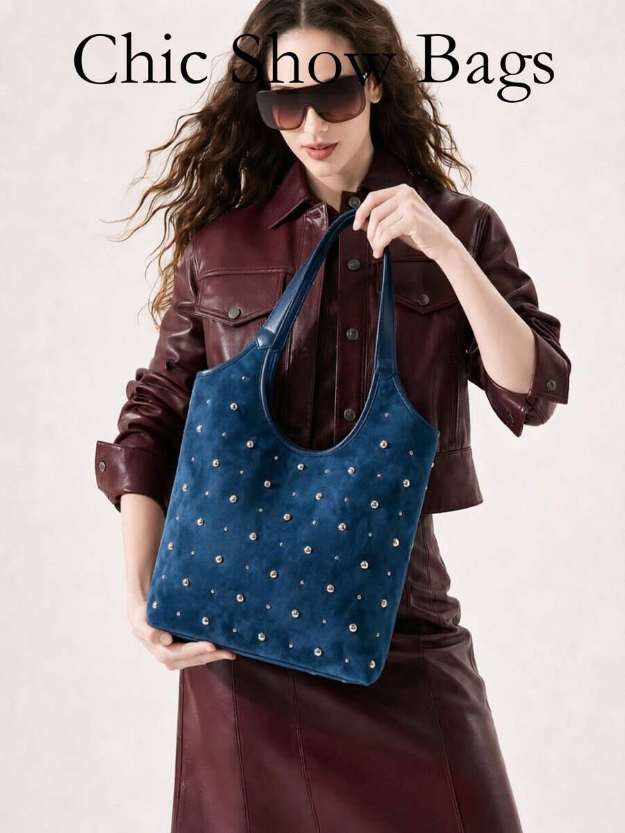 Women Shoulder Tote Bag,Plain Soft Suede Fabric,All‑Over Metal Stud Decoration & Wide Straps,Large Capacity,Retro Style For Work Shopping Daily Outing - Multicolor - View 1