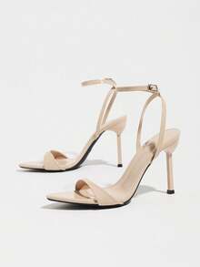 Women's Nude‑Beige Glossy Pointed Toe Stiletto Heel Sandals, Adjustable Ankle Strap Business Office Dress Heels - Beige - View 5