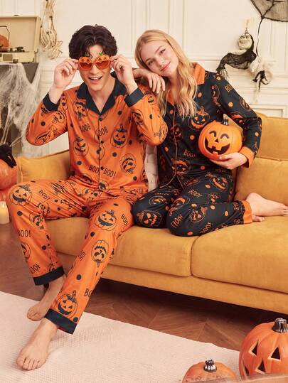 Notgurli Conjunto de 4 Piezas para Parejas: Pijamas de Halloween para Mujer y Hombre, Ropa de Estar en Casa con Botones Delanteros, Divertida y Cómoda, con Estampado de Calabaza para Otoño/Invierno