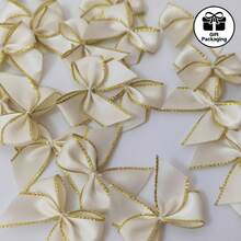 10/20pcs Mini Cream Satin Ribbon Bows With Gold Edge, Handmade Ribbon Bows For Christmas & Holiday Gift Wrapping Decor, Wedding Favor Box Decor, Scrapbooking, DIY Crafts, Clothing Embellishment & Hair Clips DIY Decor - A - View 7