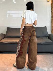 1件女款寬鬆刺繡寬腿牛仔褲，舒適休閒高街百搭丹寧長褲（不含腰帶/配件）秋季 - 咖啡棕 - 查看 8