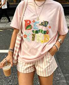 Vintage T-Shirt With Oversized Caterpillar And Butterfly Print, Cute Artistic Graphic Design, Grey, Short Sleeves, Casual, Loose Fit, For Women, Summe - Baby Pink - View 1