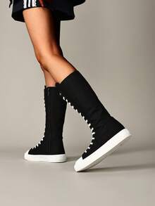 All-Season Outdoor Women's Fashion Flat Over-The-Knee Boots, Built-In Zipper, Breathable Lightweight Comfortable Athletic Shoes, Black All-Season, Fabric Upper, Suitable For Students, Parties And Daily Outings, Size 36-43, Tall Boots For Women - Black and White - View 9