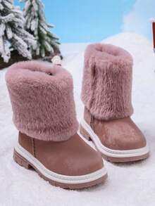 1雙女嬰絨毛雪地靴，內裡抓絨，保暖平底防滑短靴，適合秋冬日常戶外穿著 - 粉色 - 查看 7