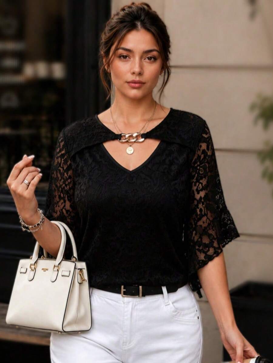 Plus Size Women's Lace Hollow Out Casual Versatile Daily Wear Top Black - Black - View 1