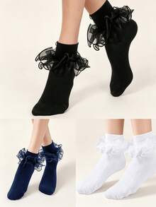 3 Pairs Baby Girls Solid Color Big Ruffle Lace Trim Cotton Tutu Dance Socks For Spring Summer Autumn Halloween Christmas Gift - Multicolor - View 3
