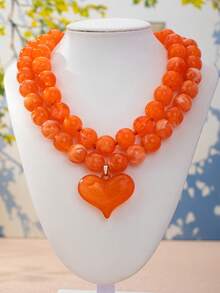 OABE 2pcs/Set Bohemian Style Orange Round Beaded Necklace Set With Heart Pendant Layering Design, Suitable For Daily/Holiday Wear - Orange - View 6